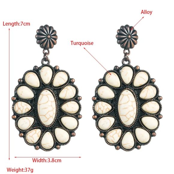 Western Southwestern Bronze & White Turquoise Boho Oval Dangle Earrings NEW - Picture 5 of 7